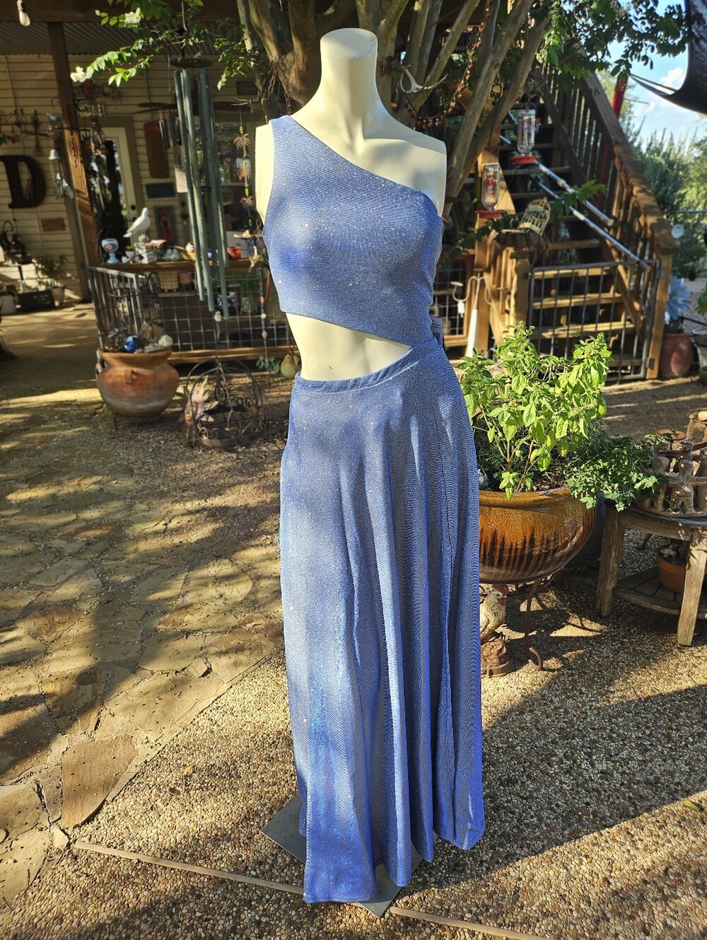 New W Tag City Vibe Maxi Party Gown Dress Size 1 Glittery Silver Denim Blue